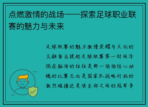 点燃激情的战场——探索足球职业联赛的魅力与未来