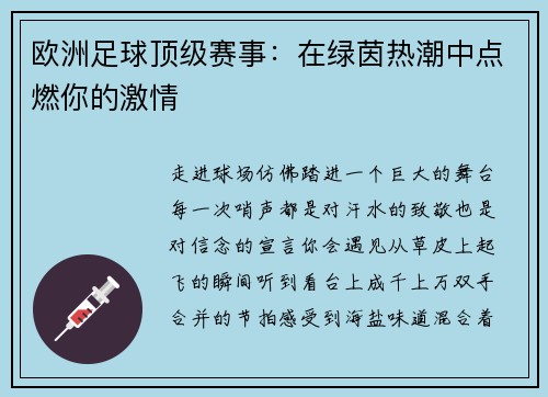 欧洲足球顶级赛事：在绿茵热潮中点燃你的激情